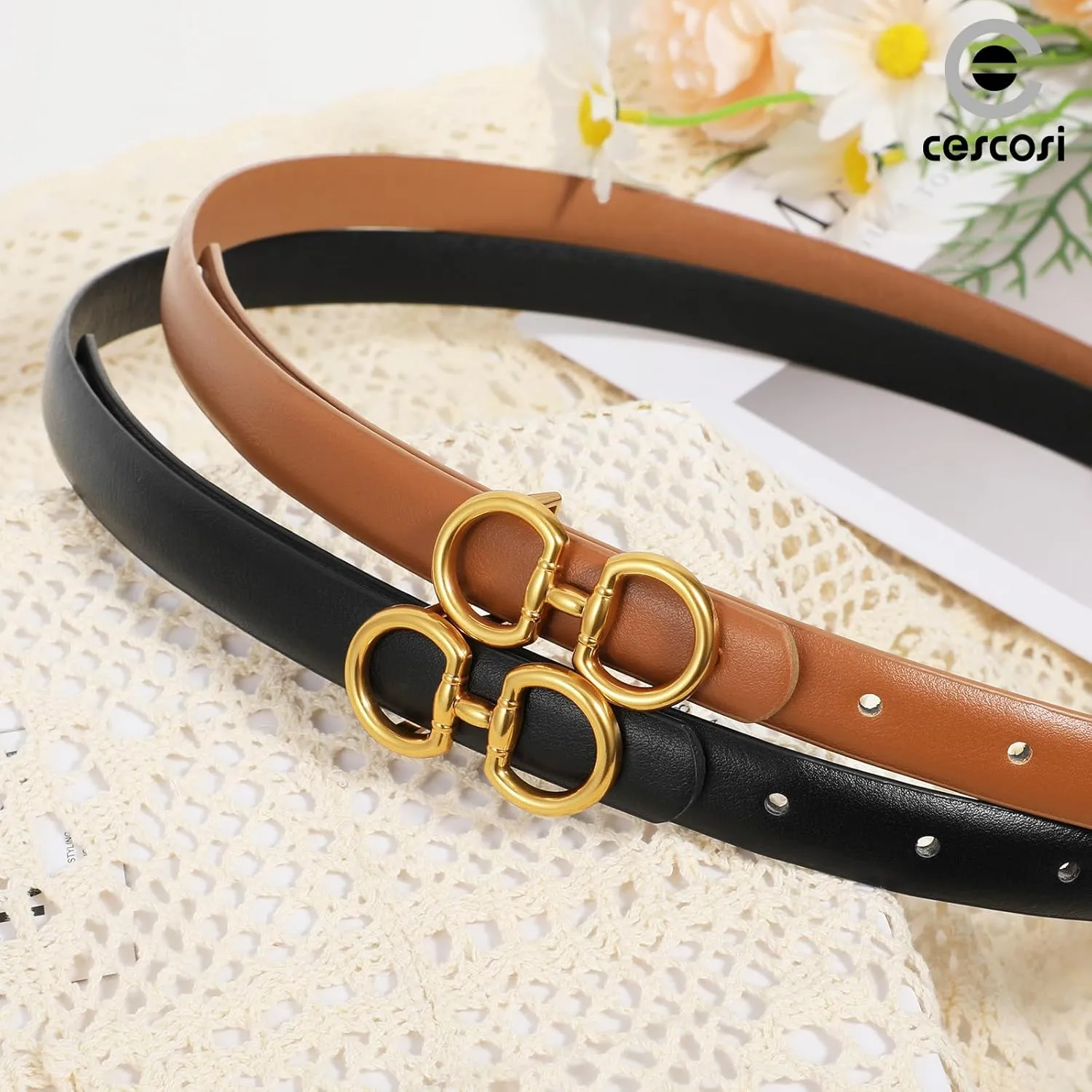 CESCOSI Women Skinny Leather Belts Ladies 2 Pack Thin Waist Belts with Gold Buckle for Dresses 0.7" Width