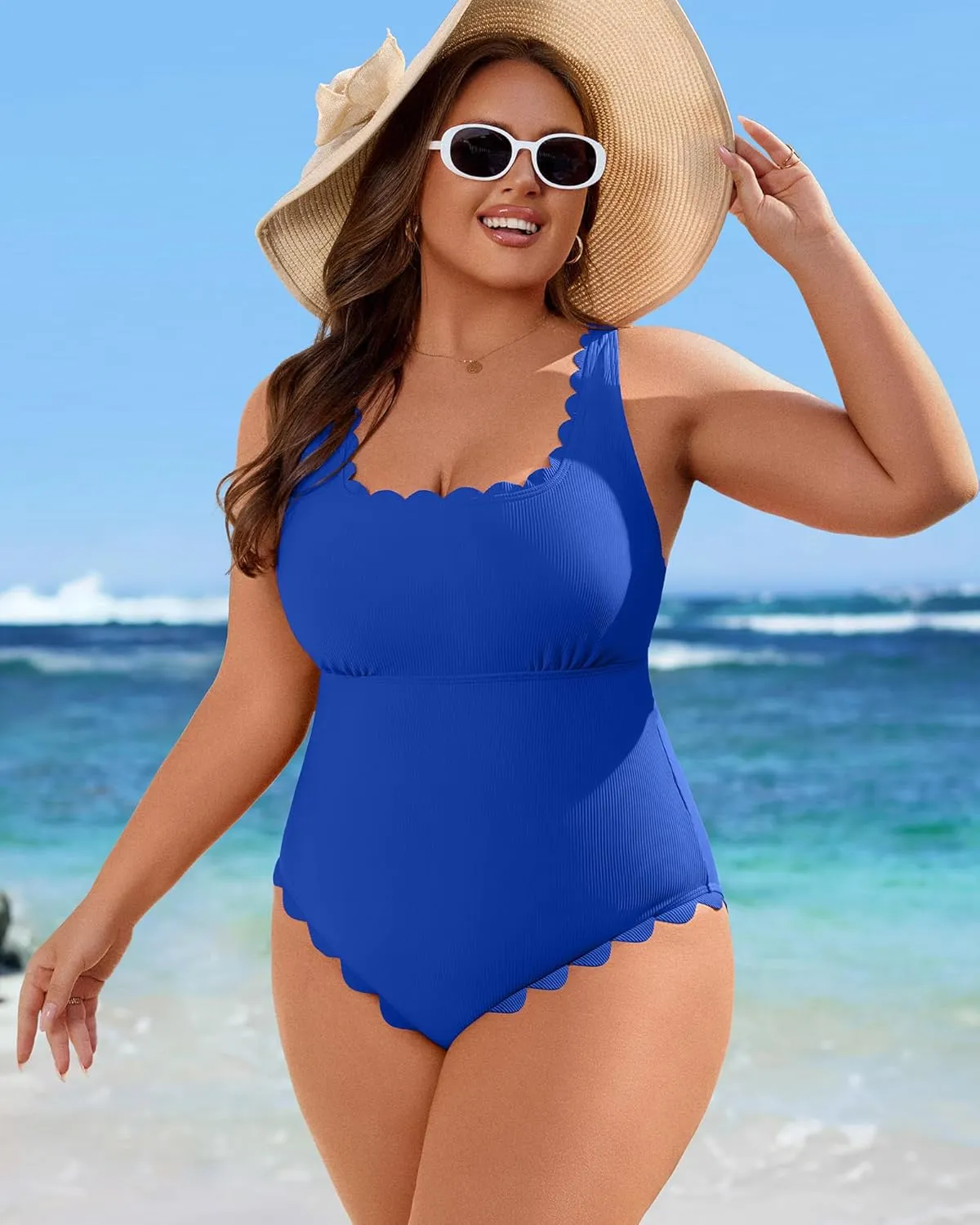Charmo Womens Scalloped Ribbed One Piece Swimsuits Retro Square Neck Modest Bathing Suits