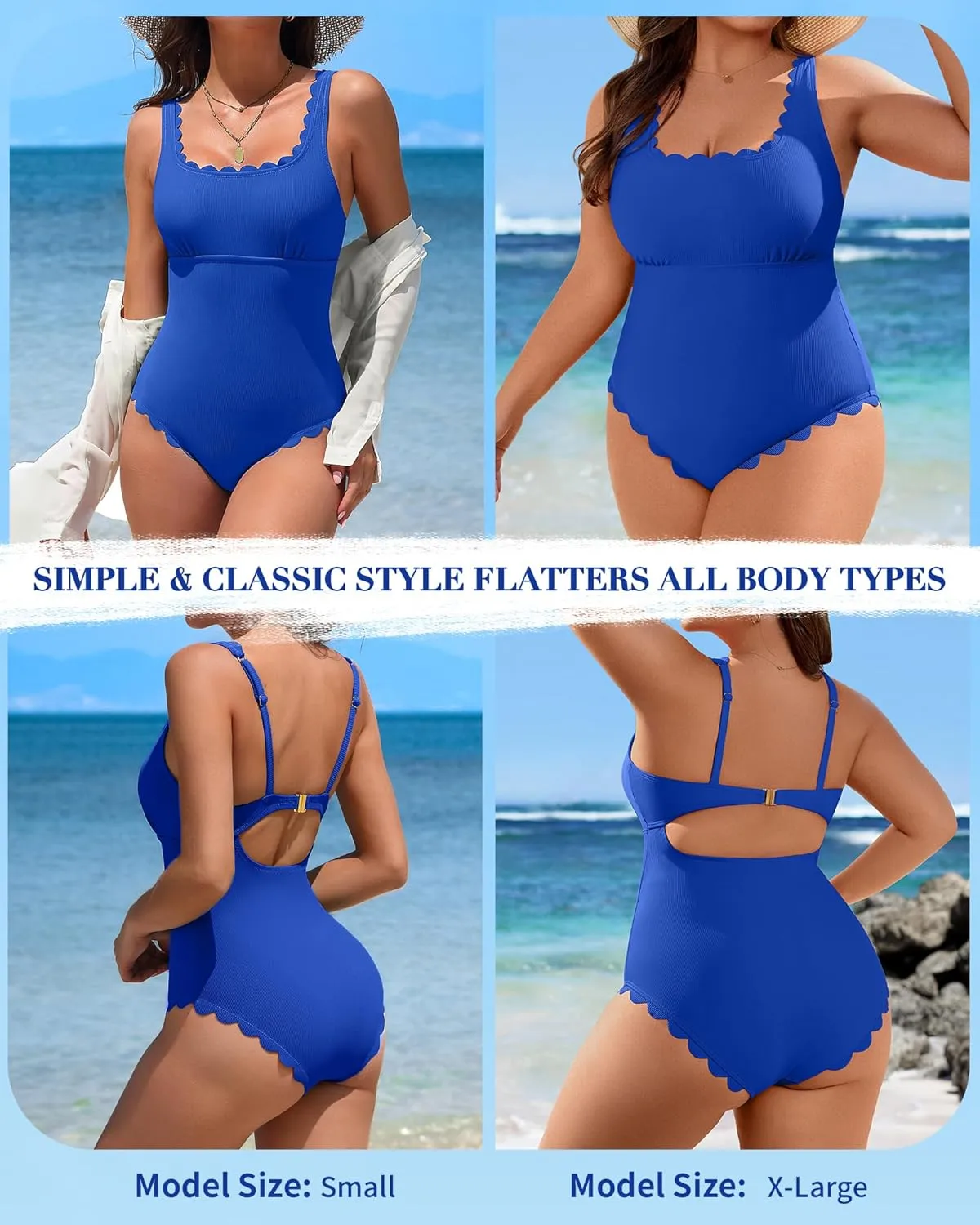 Charmo Womens Scalloped Ribbed One Piece Swimsuits Retro Square Neck Modest Bathing Suits