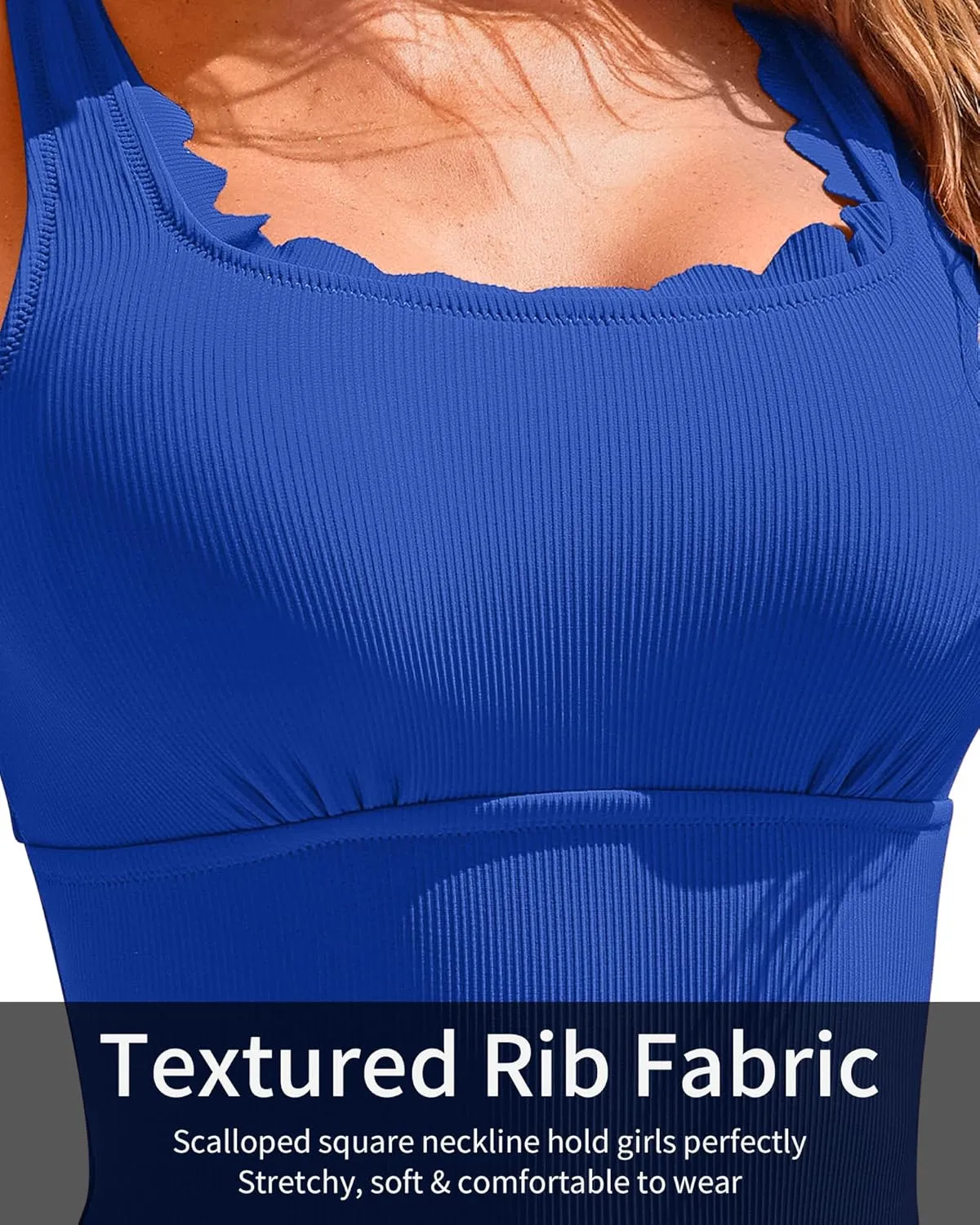 Charmo Womens Scalloped Ribbed One Piece Swimsuits Retro Square Neck Modest Bathing Suits
