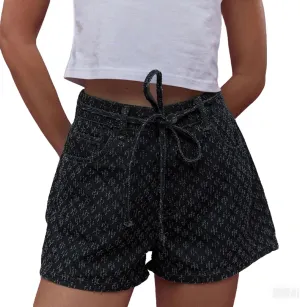 CHARTOU Womens Wide Leg Jean Shorts High Waisted Lace Up Jacquard Denim Shorts with Pockets