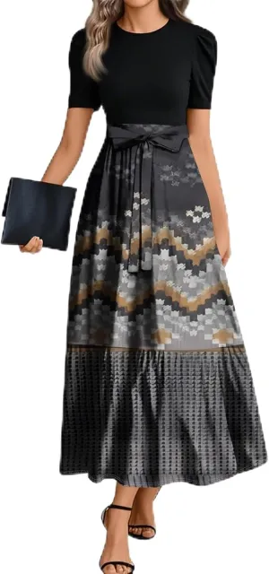 Church Dresses for Women 2025 Floral Short Sleeve Wrap Patchwork Dress Tea Length A Line Tiered Maxi Modest Dress
