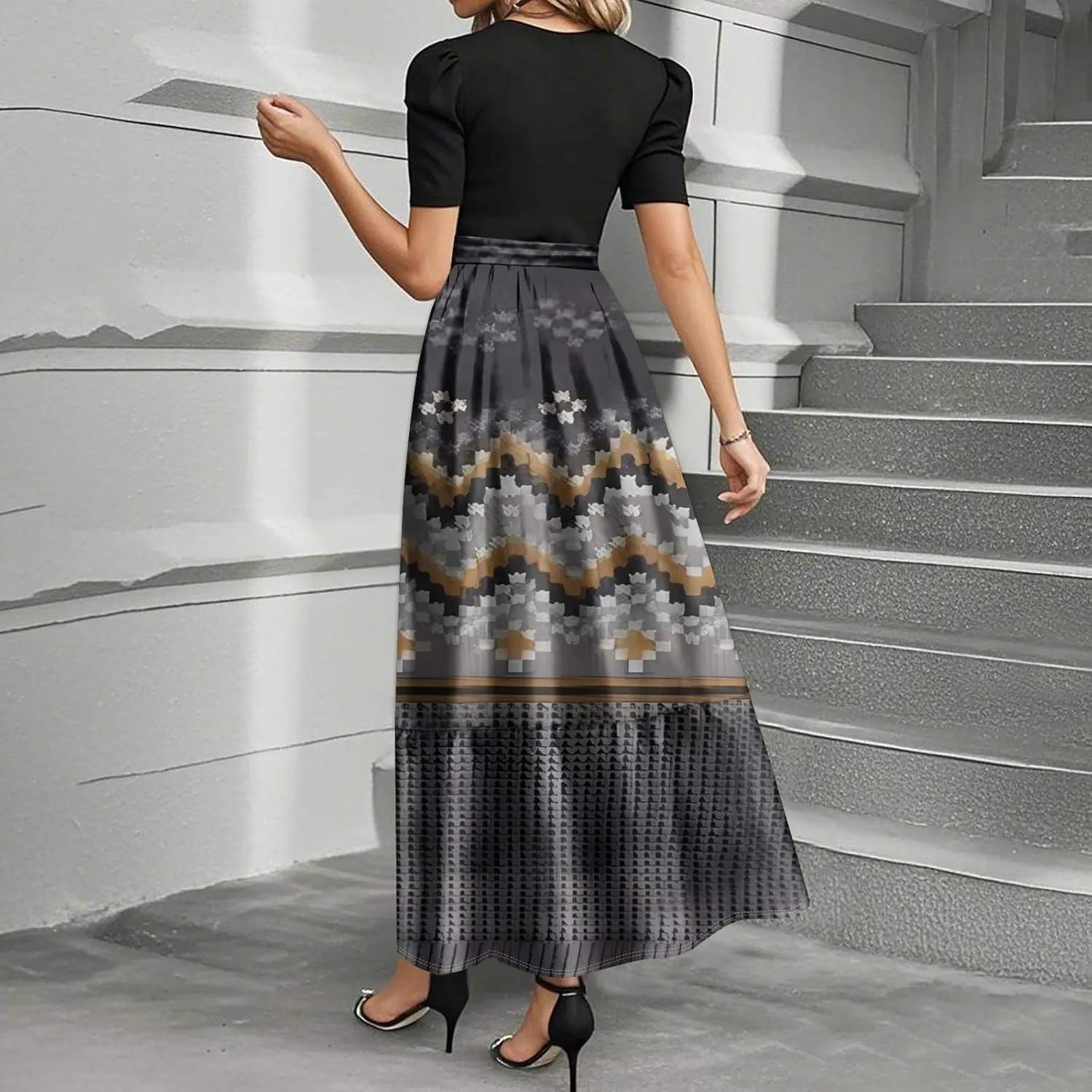 Church Dresses for Women 2025 Floral Short Sleeve Wrap Patchwork Dress Tea Length A Line Tiered Maxi Modest Dress
