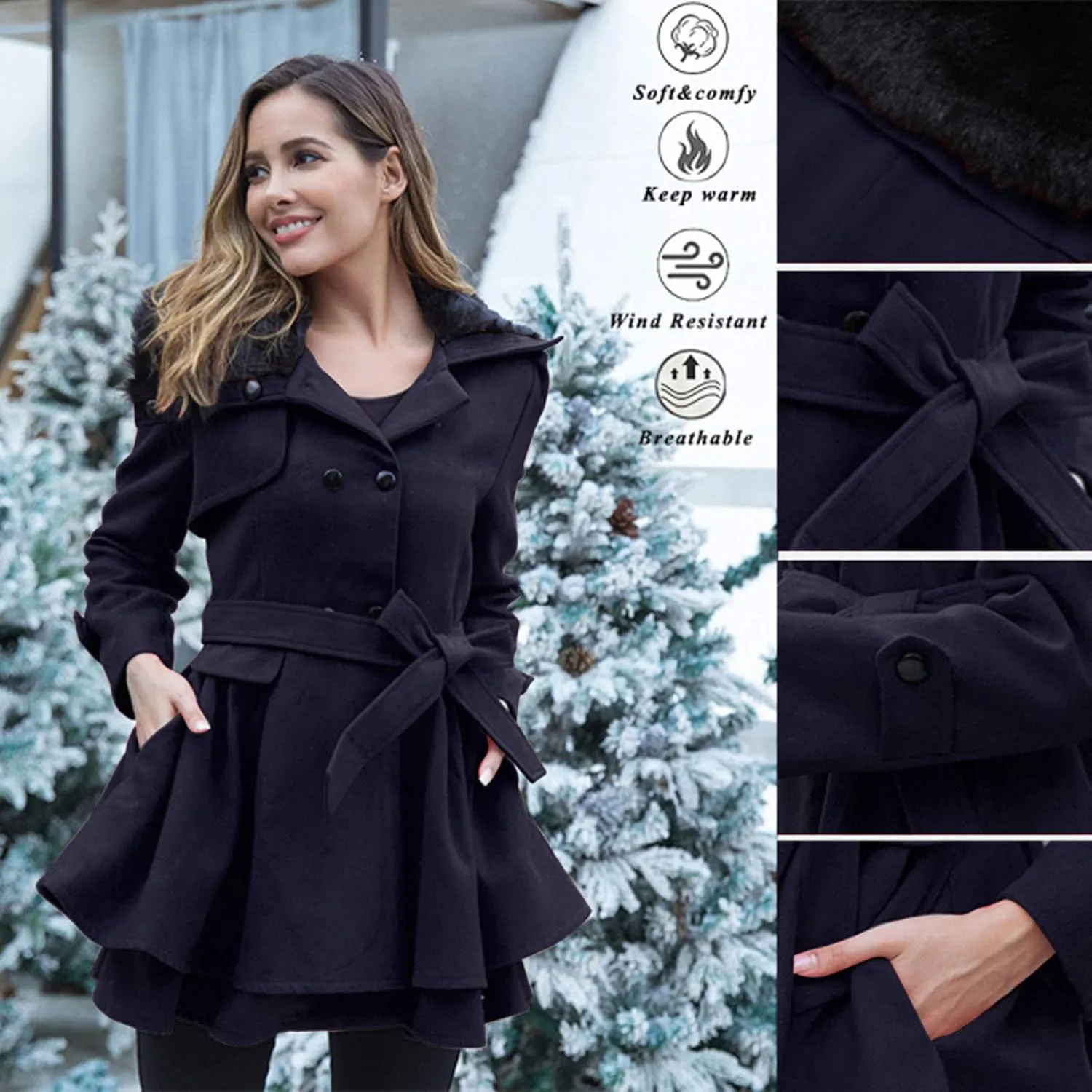cooki Fall Jackets for Women 2023 Women Wool Trench Coat Winter Double-Breasted Jacket with Belts Casual Winter Classic Coat