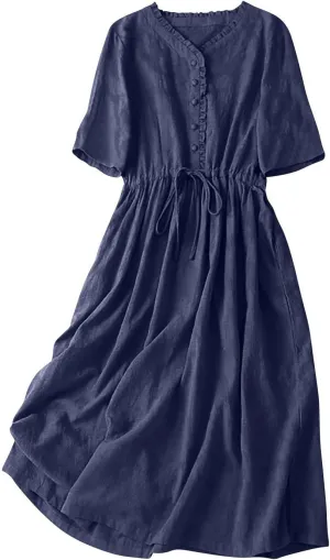 Cotton Linen Dresses for Women Summer Embroidered Sleeve A Line Comfy Cotton Maxi Dress Trendy Summer Vacation Clothes