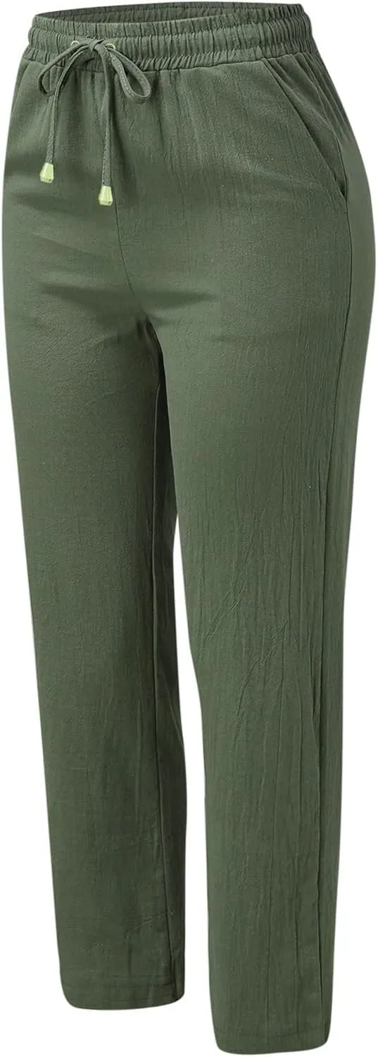 Cotton Linen Pants Women Straight Leg Solid Color Casual Trousers Drawstring Relaxed Loose Fit Solid Lounge Trousers