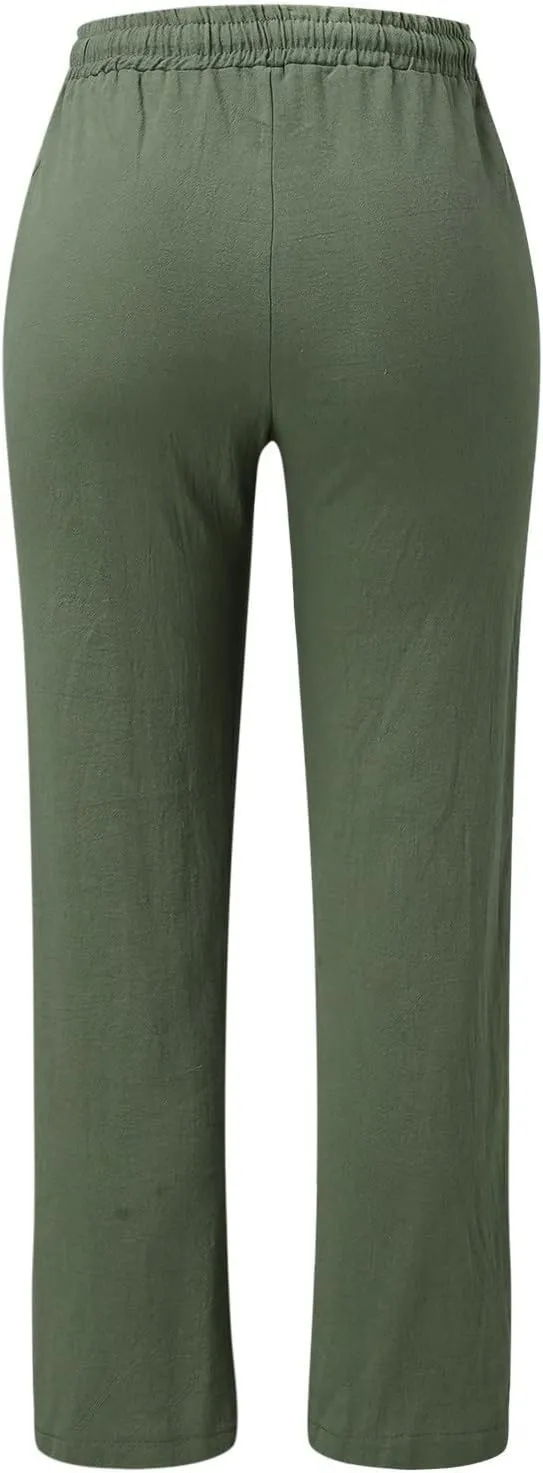Cotton Linen Pants Women Straight Leg Solid Color Casual Trousers Drawstring Relaxed Loose Fit Solid Lounge Trousers