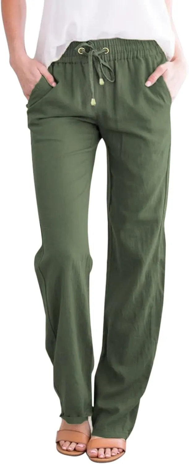 Cotton Linen Pants Women Straight Leg Solid Color Casual Trousers Drawstring Relaxed Loose Fit Solid Lounge Trousers
