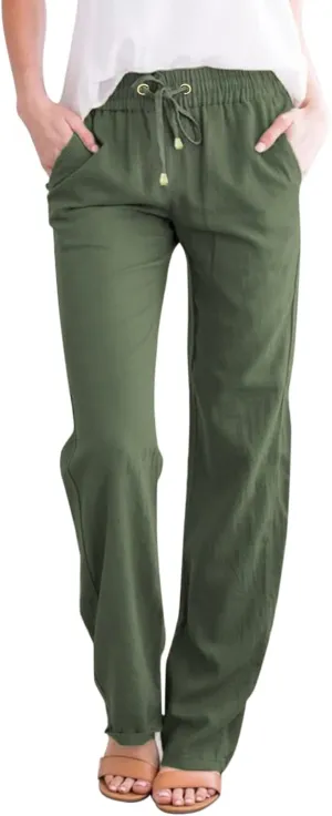 Cotton Linen Pants Women Straight Leg Solid Color Casual Trousers Drawstring Relaxed Loose Fit Solid Lounge Trousers