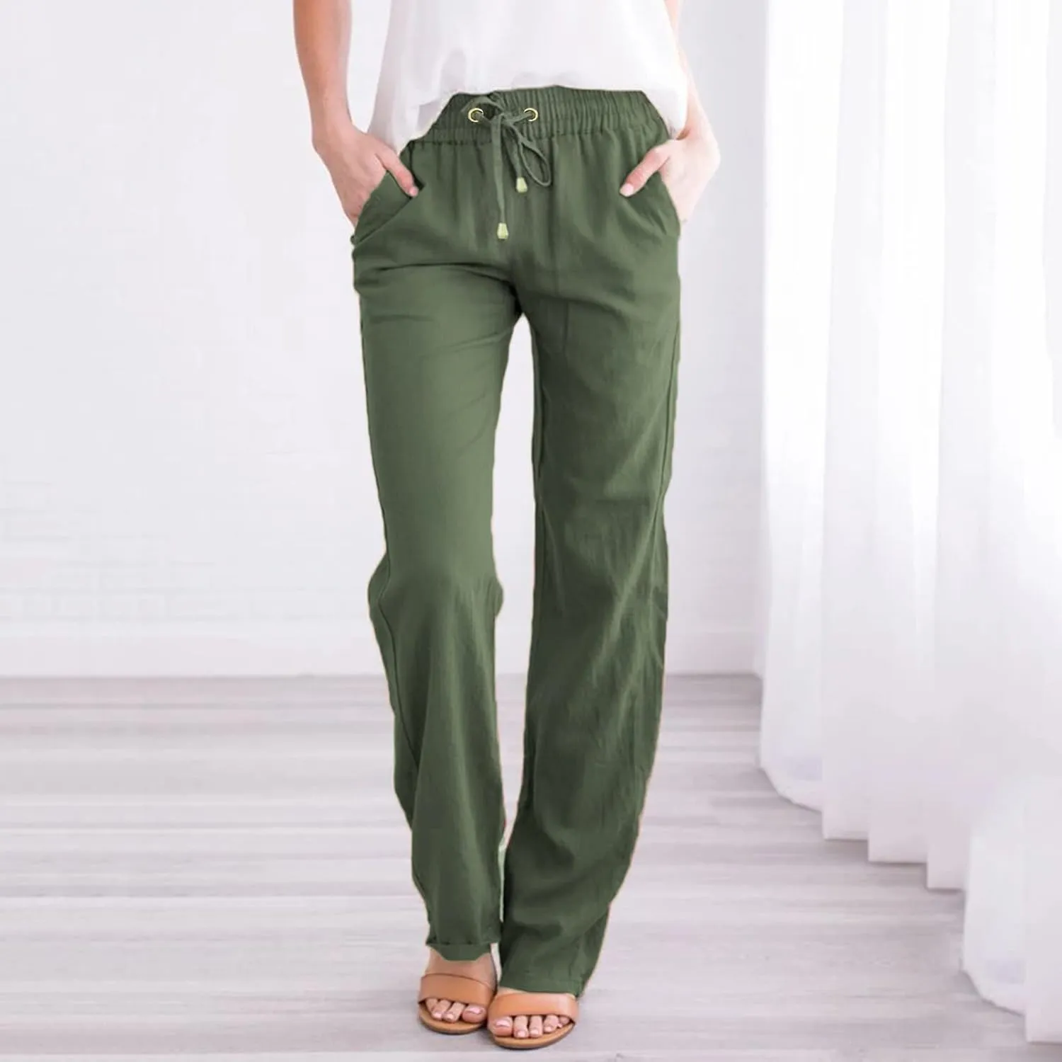 Cotton Linen Pants Women Straight Leg Solid Color Casual Trousers Drawstring Relaxed Loose Fit Solid Lounge Trousers