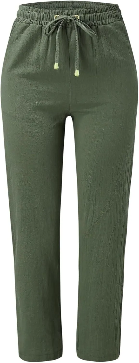 Cotton Linen Pants Women Straight Leg Solid Color Casual Trousers Drawstring Relaxed Loose Fit Solid Lounge Trousers