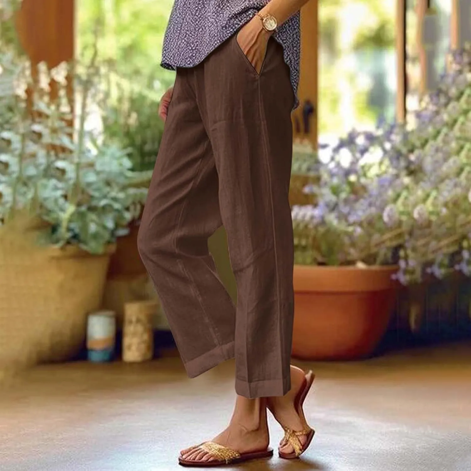 Cotton Linen Pants Women Summer Elastic Straight Leg Pants Plus Size Wide Leg Crop Pants Beach Trousers with Pockets