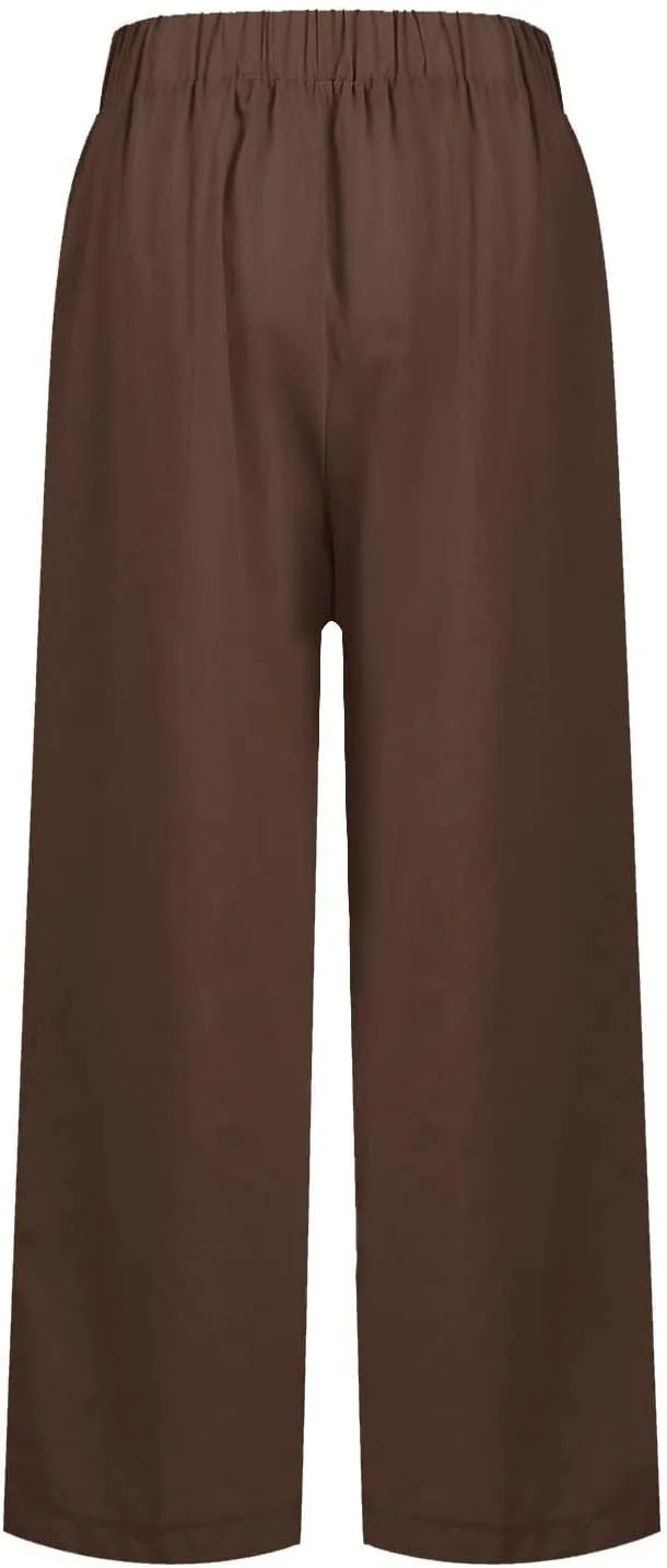 Cotton Linen Pants Women Summer Elastic Straight Leg Pants Plus Size Wide Leg Crop Pants Beach Trousers with Pockets