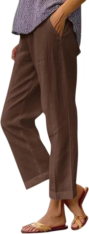 Cotton Linen Pants Women Summer Elastic Straight Leg Pants Plus Size Wide Leg Crop Pants Beach Trousers with Pockets