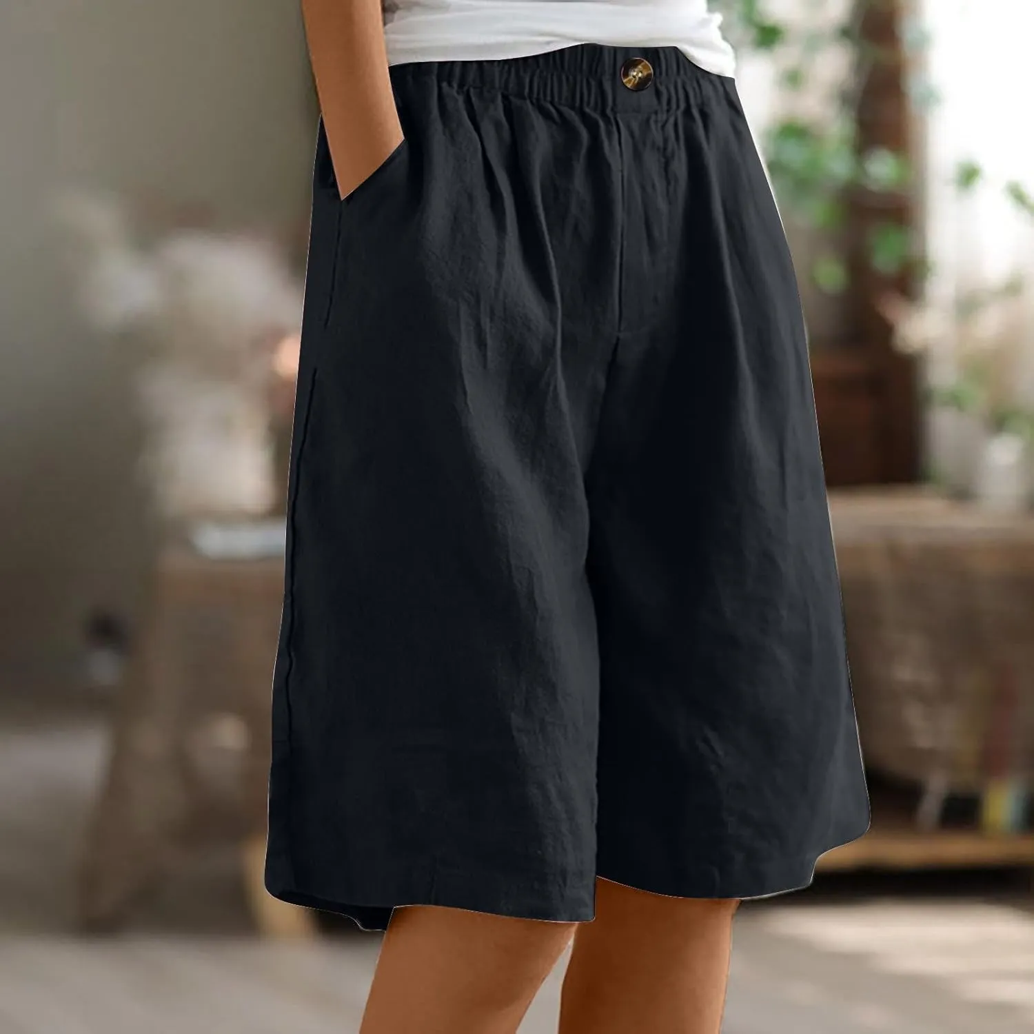 Cotton Linen Shorts for Women Loose Fit Knee Length Bermuda Shorts Casual Wide Leg Elastic Waist Workout Shorts
