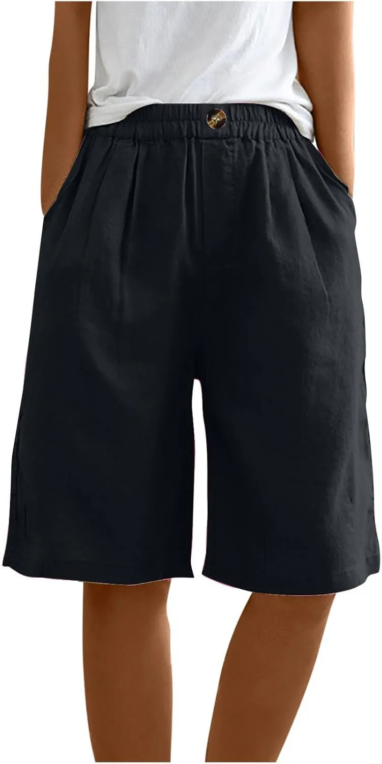 Cotton Linen Shorts for Women Loose Fit Knee Length Bermuda Shorts Casual Wide Leg Elastic Waist Workout Shorts