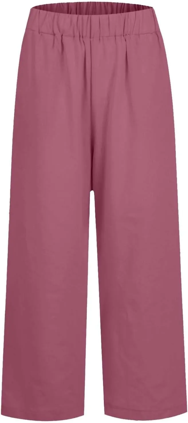 Cropped Linen Pants Women Summer Petite Plus Size Capri Pants Elastic Wide Leg Crop Pants Beach Trousers with Pockets
