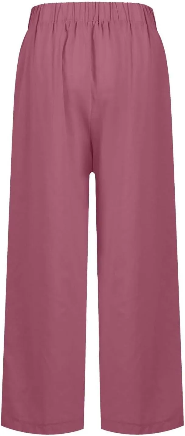 Cropped Linen Pants Women Summer Petite Plus Size Capri Pants Elastic Wide Leg Crop Pants Beach Trousers with Pockets