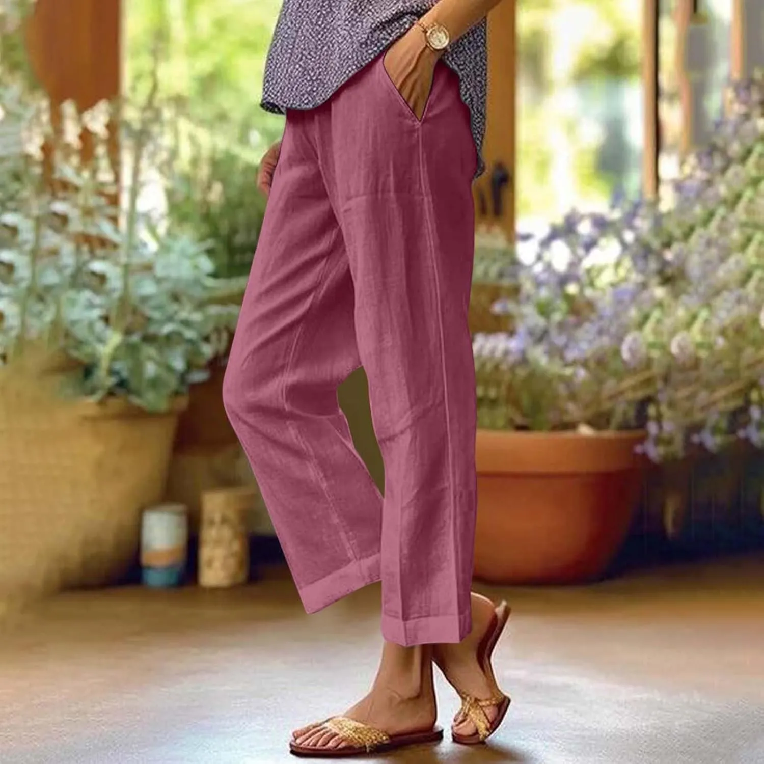 Cropped Linen Pants Women Summer Petite Plus Size Capri Pants Elastic Wide Leg Crop Pants Beach Trousers with Pockets