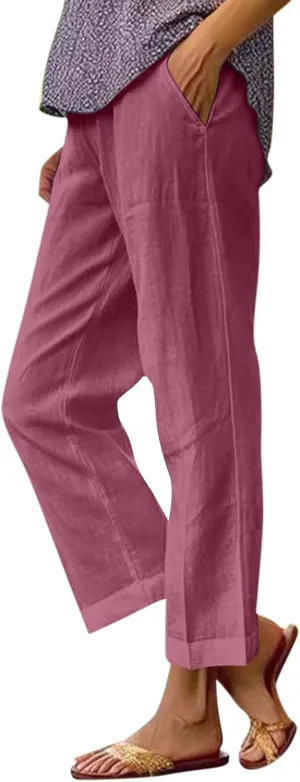 Cropped Linen Pants Women Summer Petite Plus Size Capri Pants Elastic Wide Leg Crop Pants Beach Trousers with Pockets