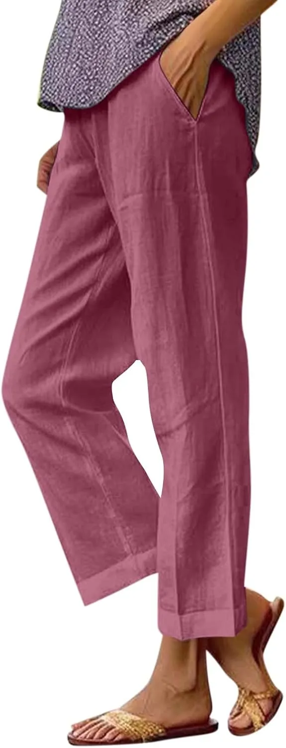 Cropped Linen Pants Women Summer Petite Plus Size Capri Pants Elastic Wide Leg Crop Pants Beach Trousers with Pockets