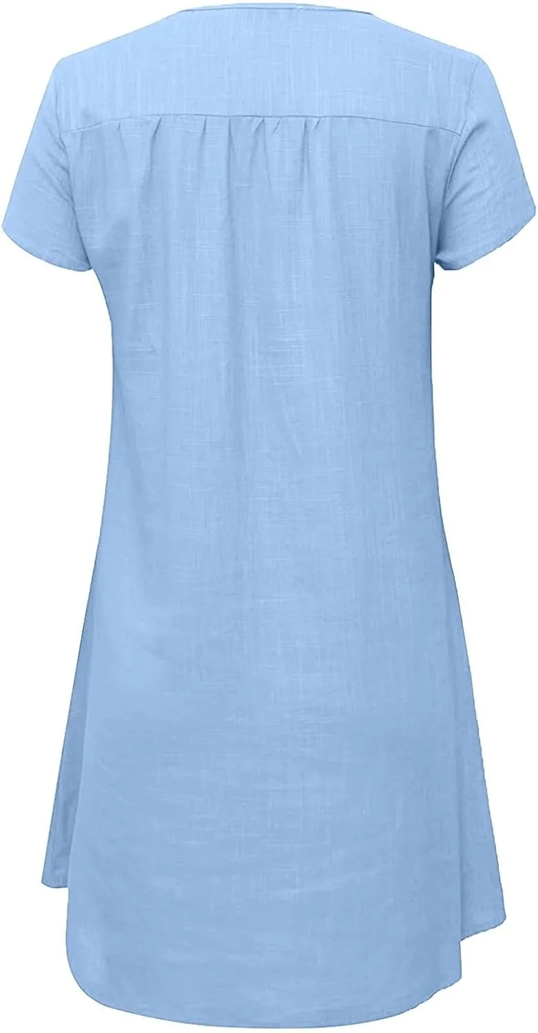 Cute Dasiy Cotton Linen T Shirt Dress Women Short Sleeve V Neck Tunic Mini Dresses Summer Casual Thin Beach Sundress