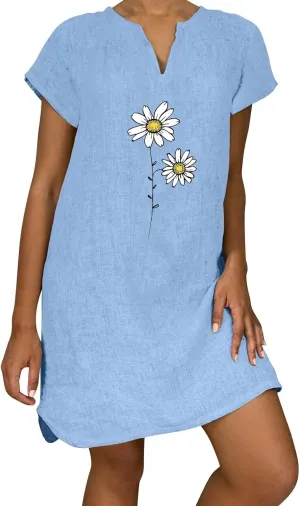 Cute Dasiy Cotton Linen T Shirt Dress Women Short Sleeve V Neck Tunic Mini Dresses Summer Casual Thin Beach Sundress