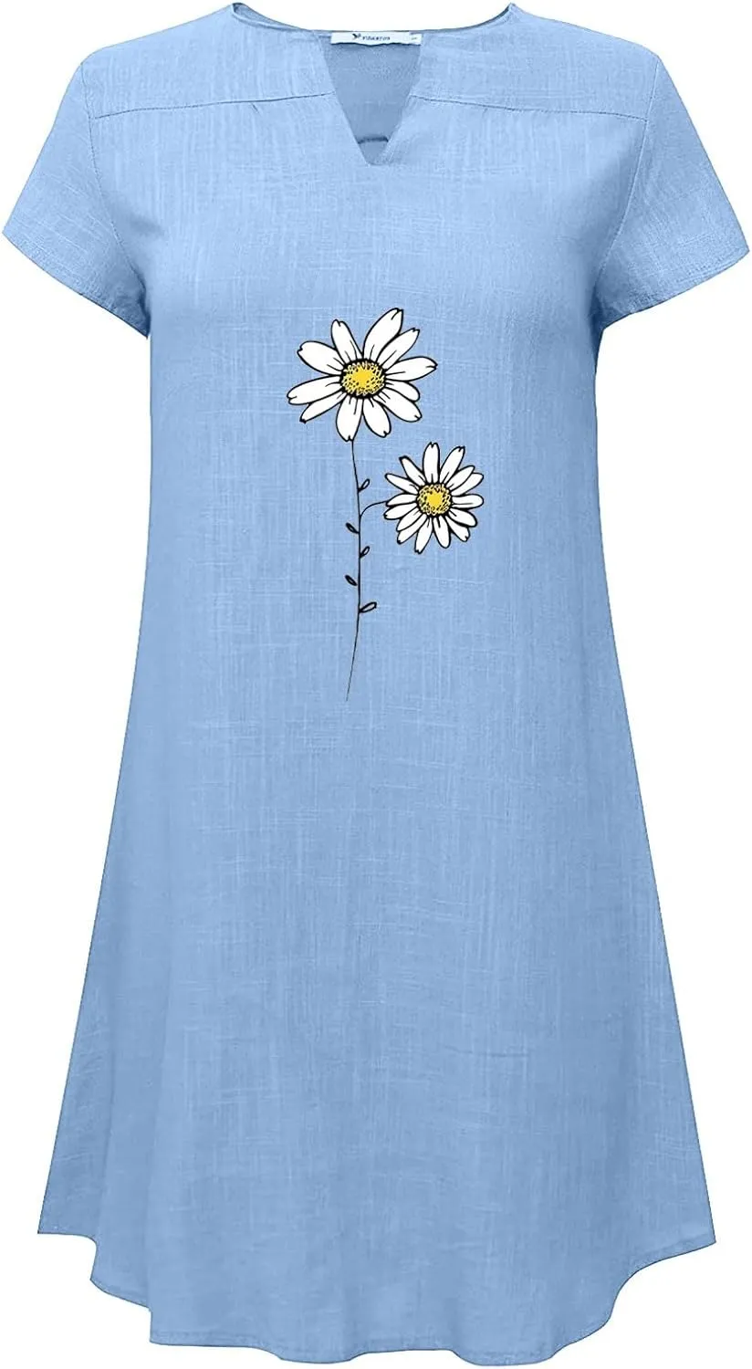 Cute Dasiy Cotton Linen T Shirt Dress Women Short Sleeve V Neck Tunic Mini Dresses Summer Casual Thin Beach Sundress