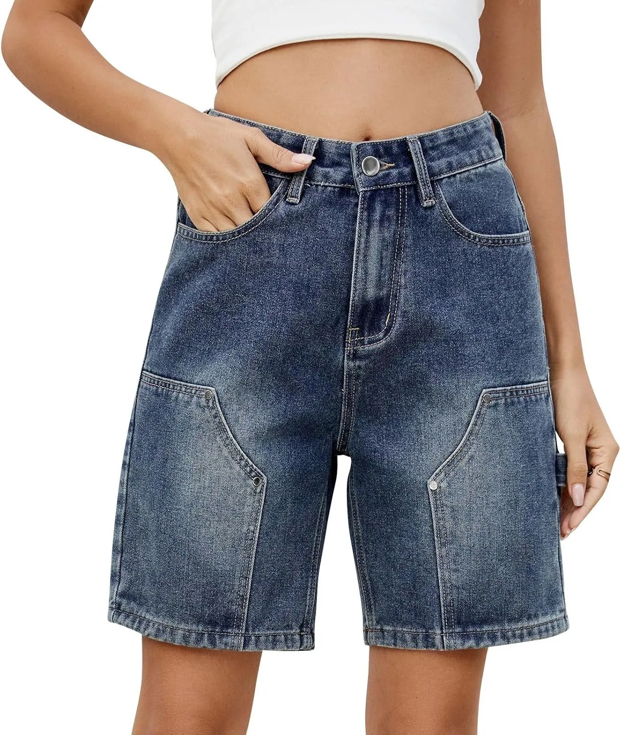 Denim Shorts Women High Waisted - Bermuda Mid-Rise Butt Lift Summer Long Denim 5 Inch Inseam with Multi Pockets