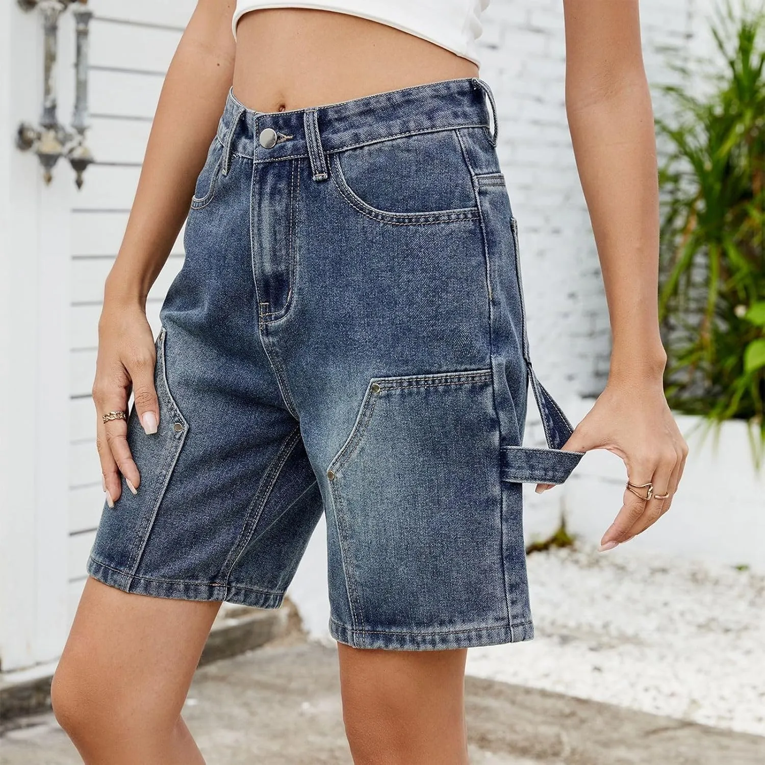 Denim Shorts Women High Waisted - Bermuda Mid-Rise Butt Lift Summer Long Denim 5 Inch Inseam with Multi Pockets