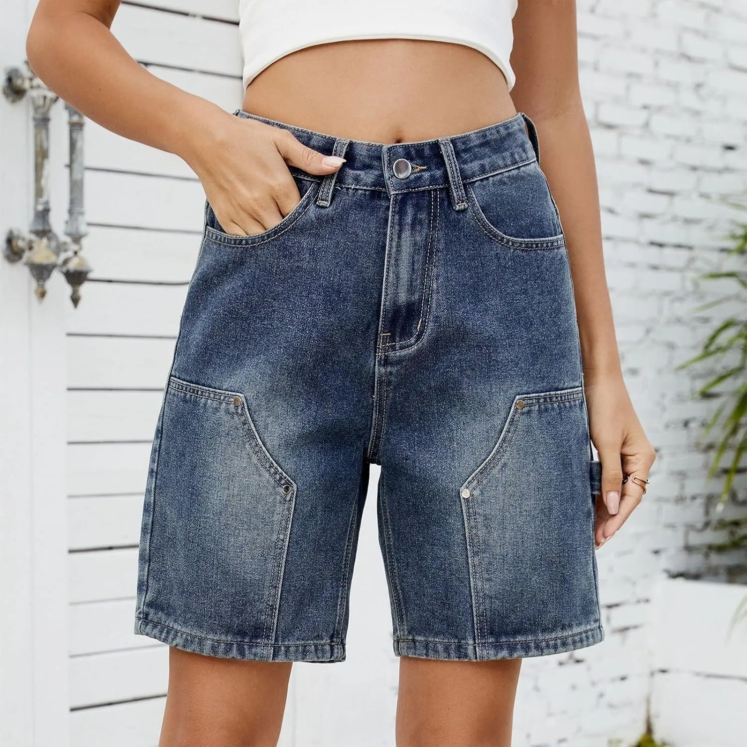 Denim Shorts Women High Waisted - Bermuda Mid-Rise Butt Lift Summer Long Denim 5 Inch Inseam with Multi Pockets