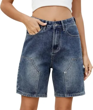 Denim Shorts Women High Waisted - Bermuda Mid-Rise Butt Lift Summer Long Denim 5 Inch Inseam with Multi Pockets