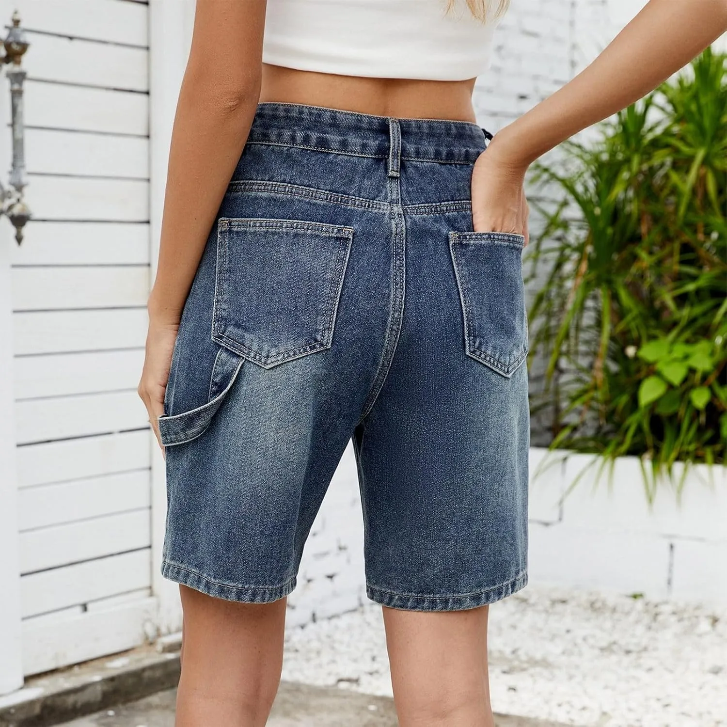 Denim Shorts Women High Waisted - Bermuda Mid-Rise Butt Lift Summer Long Denim 5 Inch Inseam with Multi Pockets