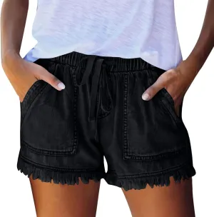 Denim Shorts Women High Waisted Stretch Drawstring Cut Off Jeans Shorts Baggy Comfy Cute Y2k Jean Shorts with Pockets