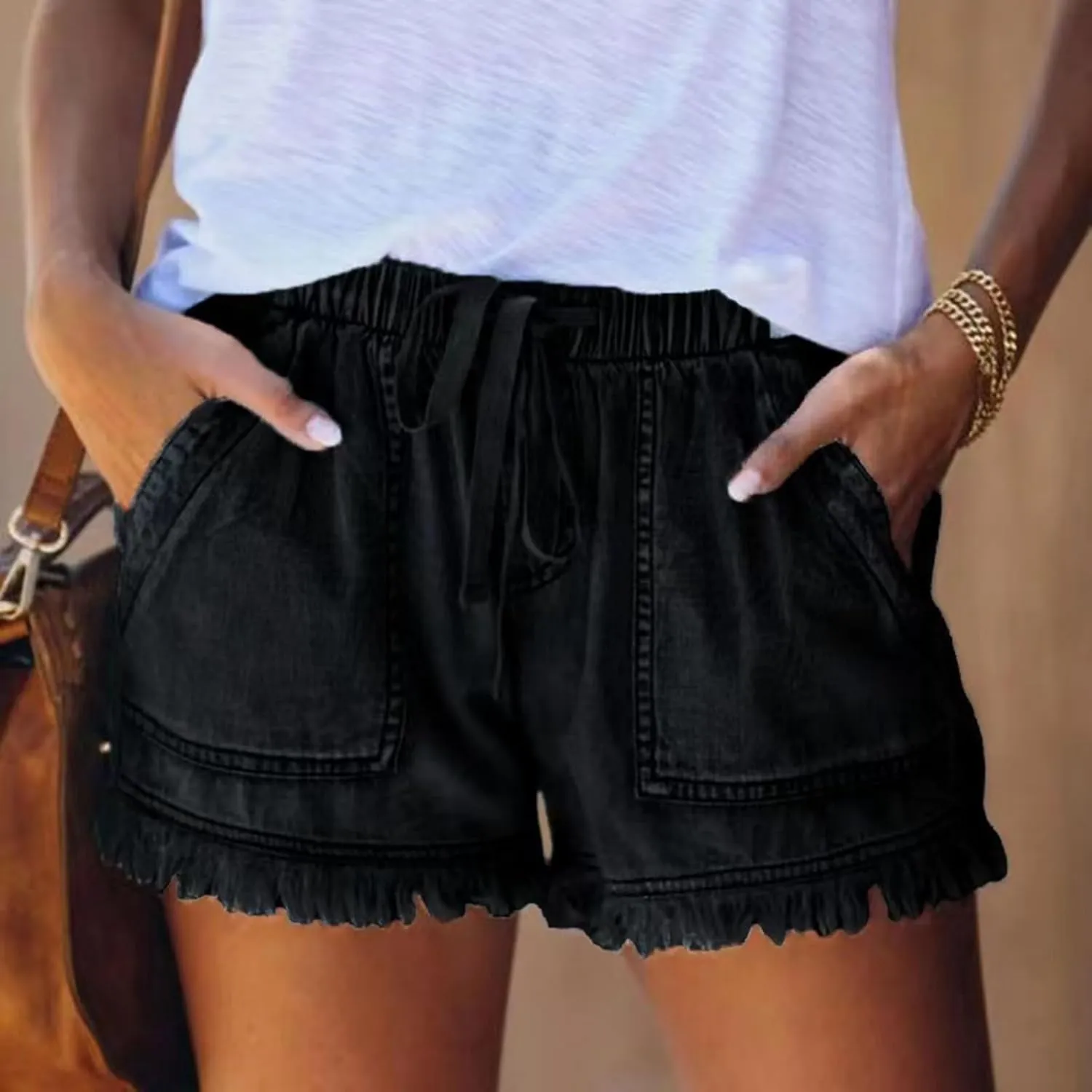 Denim Shorts Women High Waisted Stretch Drawstring Cut Off Jeans Shorts Baggy Comfy Cute Y2k Jean Shorts with Pockets