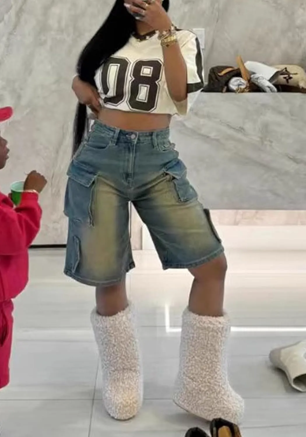 Denim Shorts Women Vintage High Waisted Wide Leg Baggy Jean Shorts with Pockets Streetwear