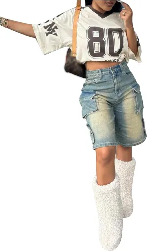 Denim Shorts Women Vintage High Waisted Wide Leg Baggy Jean Shorts with Pockets Streetwear