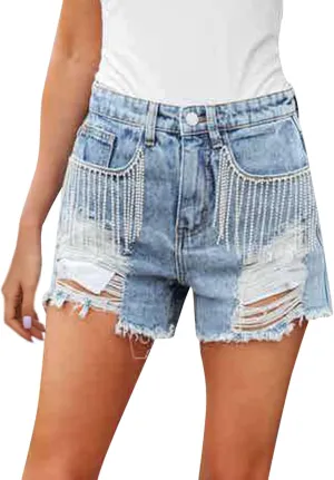 Denim Shorts Women Womens Mid-High Waisted Ripped Pocket Denim Jeans Shorts Cutoff Stretchy Summer Hot Short Pants
