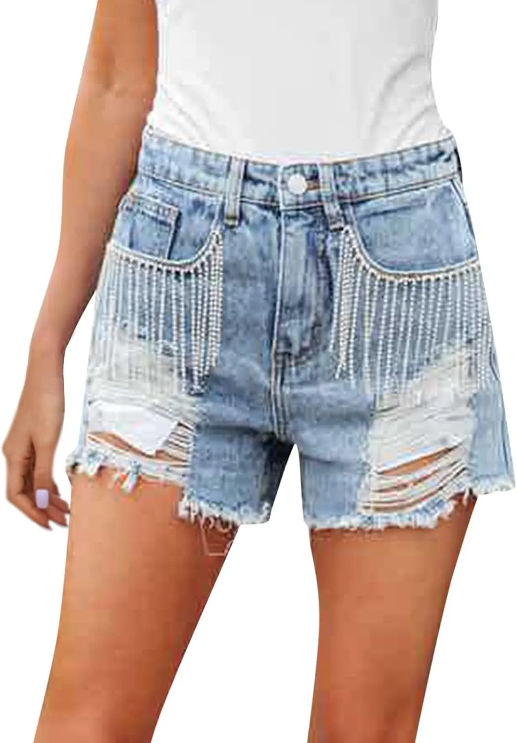 Denim Shorts Women Womens Mid-High Waisted Ripped Pocket Denim Jeans Shorts Cutoff Stretchy Summer Hot Short Pants