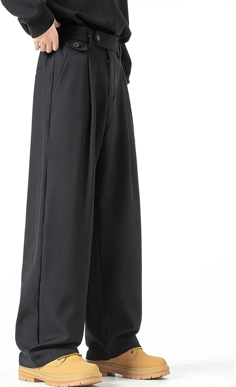 DGHM-JLMY Men's Pleated High Waist Straight Leg Pants Loose Fit Casual Pants Loose Wide Leg Suit Pant Trousers