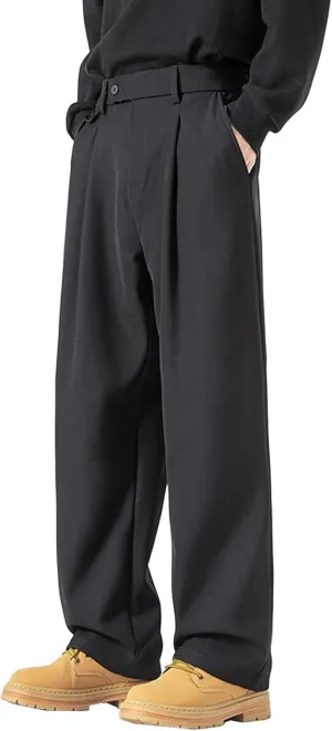 DGHM-JLMY Men's Pleated High Waist Straight Leg Pants Loose Fit Casual Pants Loose Wide Leg Suit Pant Trousers