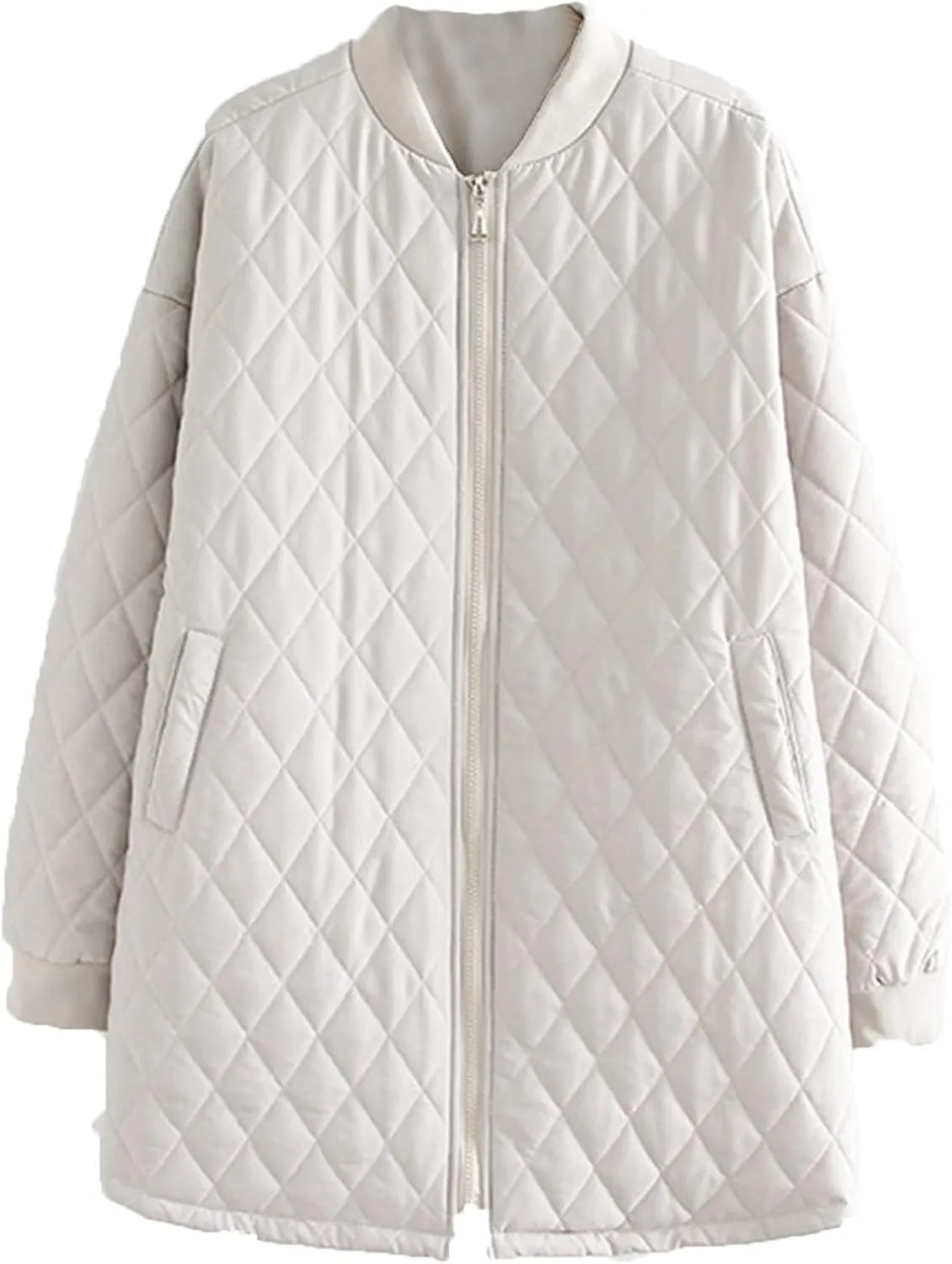 DGHM-JLMY Women Jacquard Casual Long Thin Baseball Coat Diamond Quilted Lightweight Puffer Jacket Thickened Warm Down Jacket