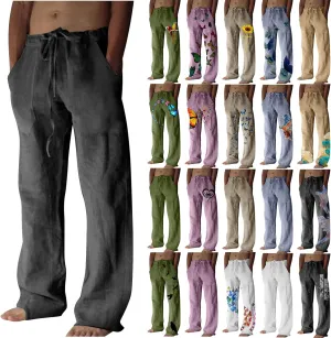 Dgoopd Men's Cotton Linen Pants Casual Elastic Waist Drawstring Pants Straight Leg Yoga Pants Lightweight Summer Beach Pants