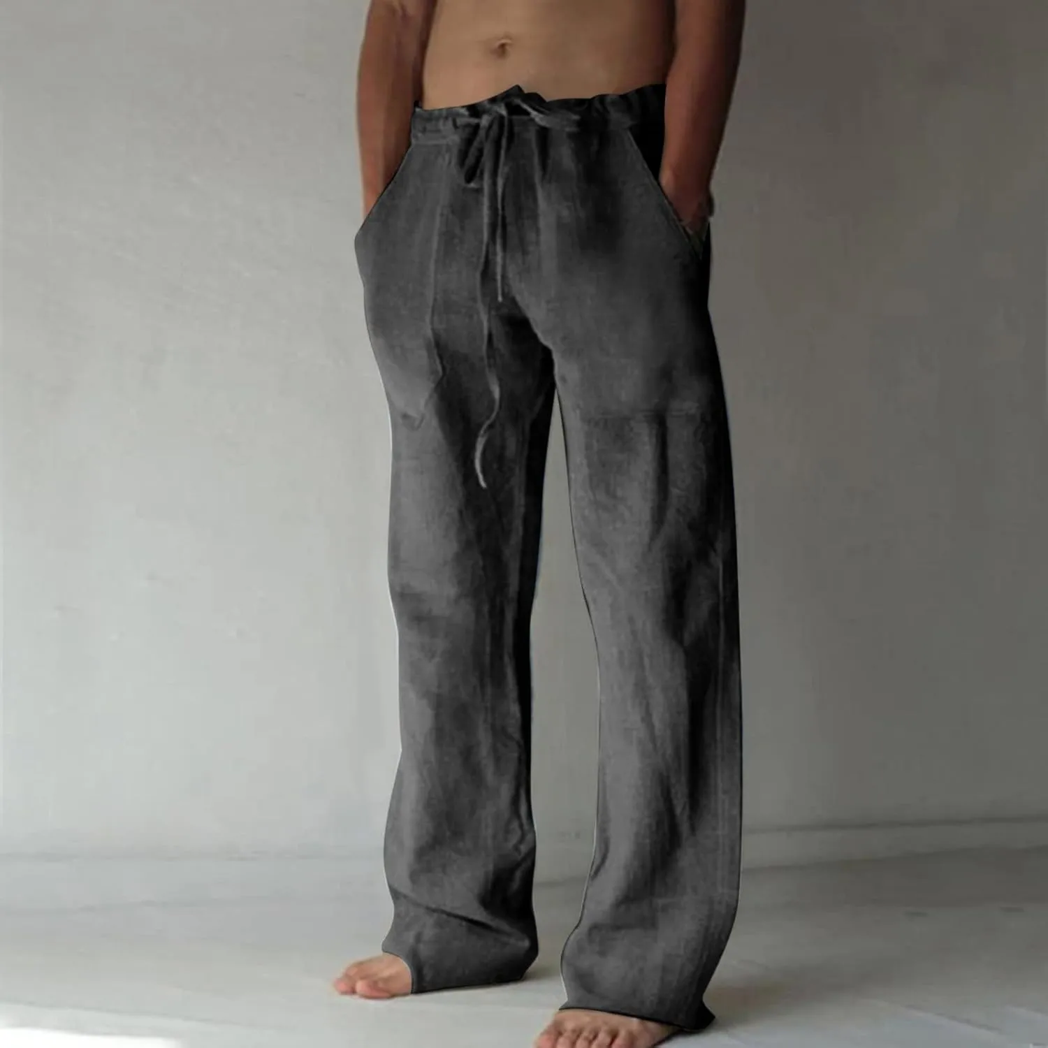 Dgoopd Men's Cotton Linen Pants Casual Elastic Waist Drawstring Pants Straight Leg Yoga Pants Lightweight Summer Beach Pants