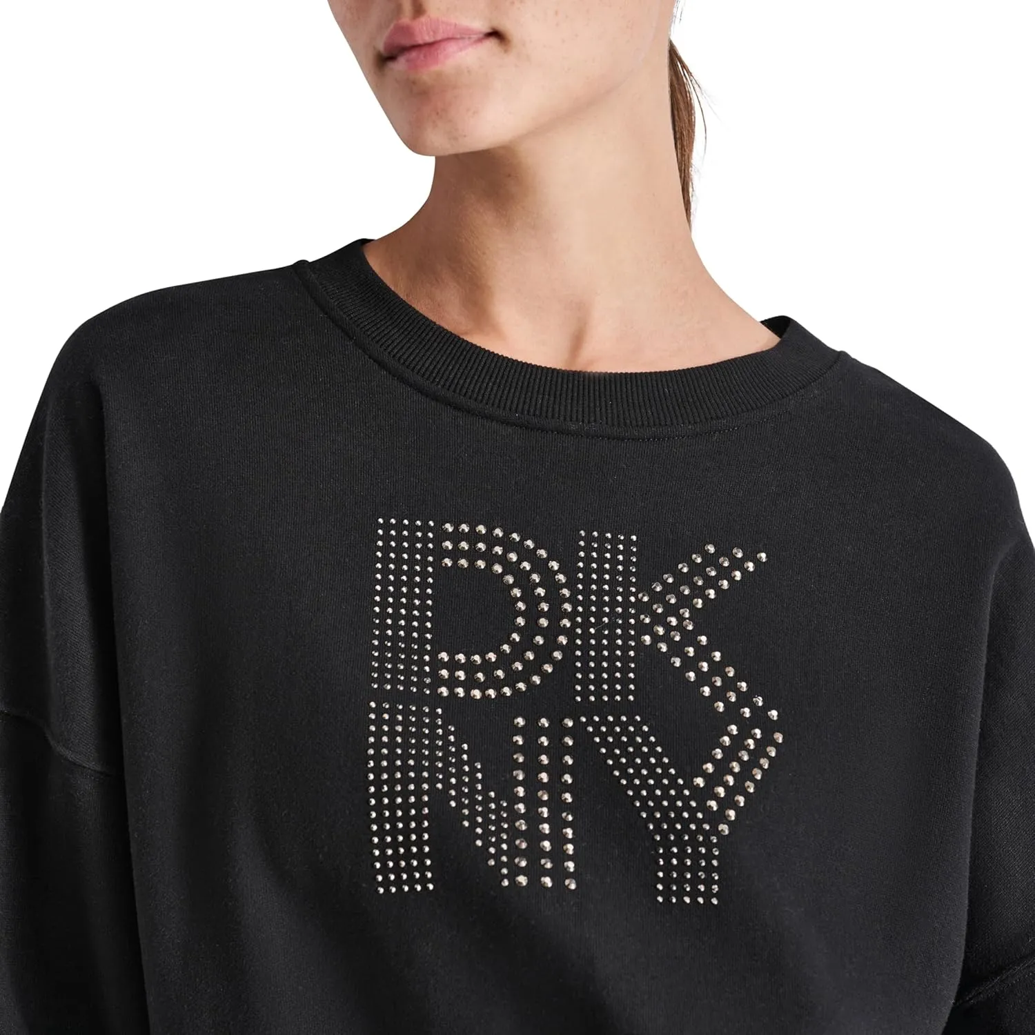 DKNY womens Studded Logo Cropped Crewneck Fleece Sweatshirt