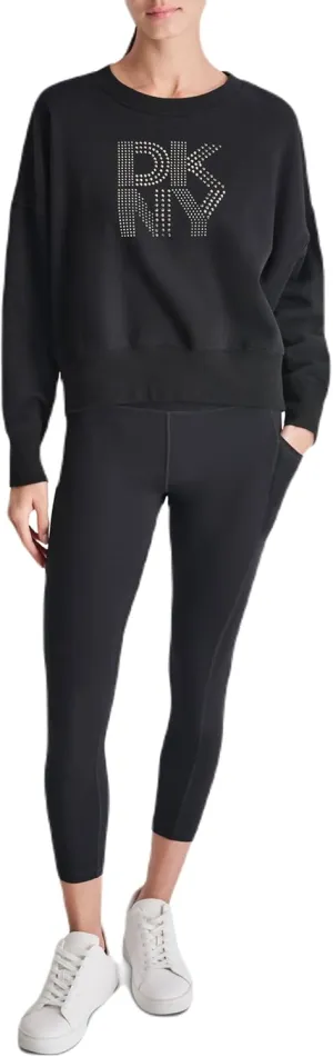 DKNY womens Studded Logo Cropped Crewneck Fleece Sweatshirt