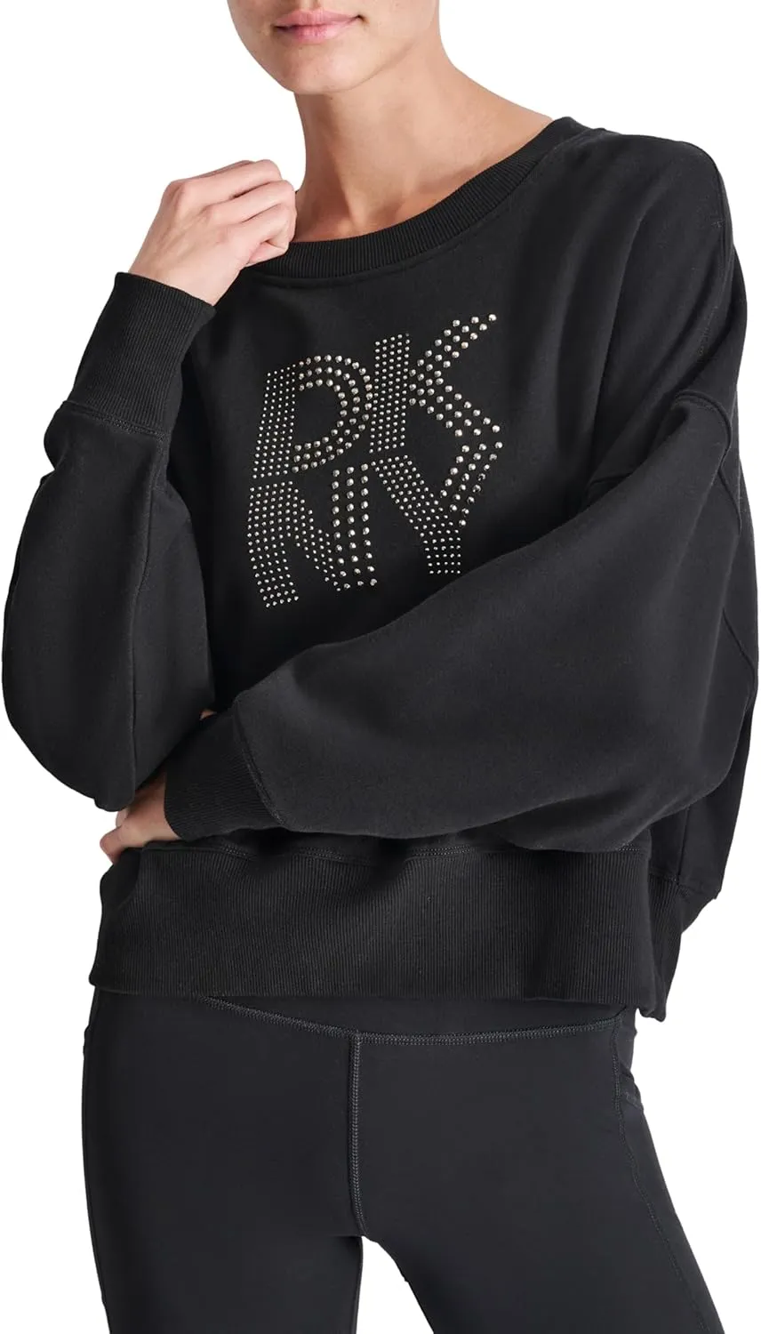 DKNY womens Studded Logo Cropped Crewneck Fleece Sweatshirt