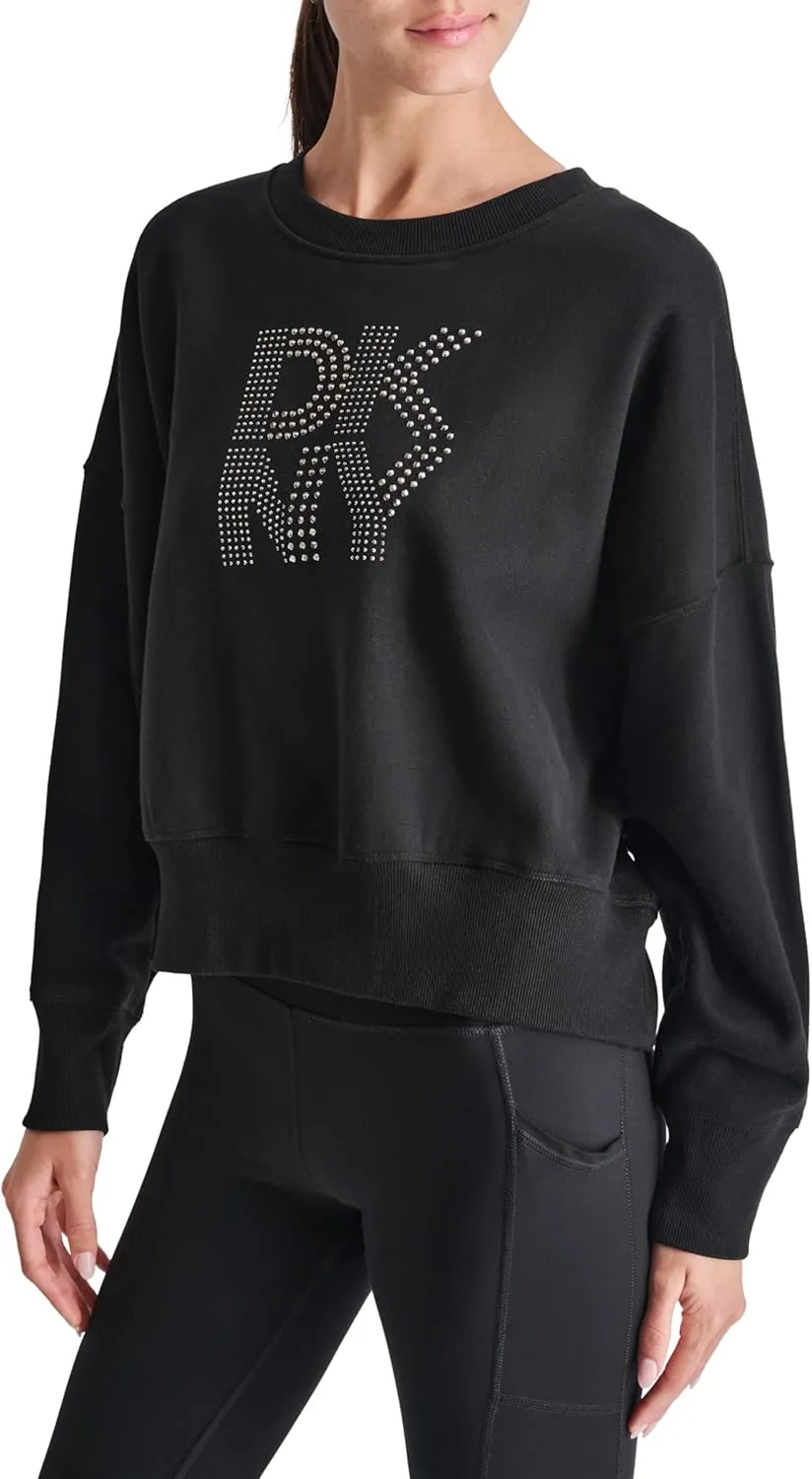 DKNY womens Studded Logo Cropped Crewneck Fleece Sweatshirt