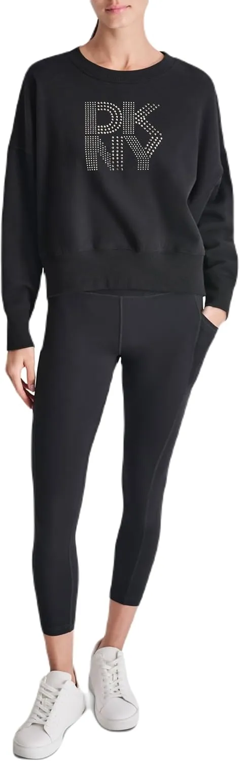 DKNY womens Studded Logo Cropped Crewneck Fleece Sweatshirt