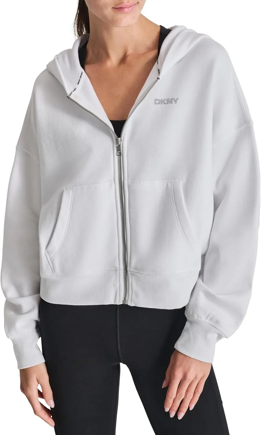 DKNY womens Studded Logo Full Zip Fleece Hoodie